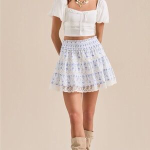 Altar'd State White Mini Skirt with Blue Floral Lace